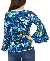 Sam & Jess Petite Floral-Print Bell-Sleeve Piped Top