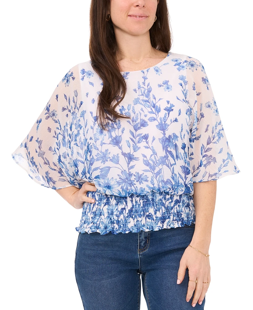 Sam & Jess Petite Printed Round-Neck Smocked-Waist Top