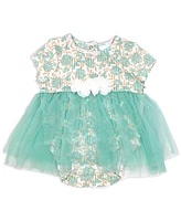 Baby Mode Girls 2 Piece Aqua Floral Romper with Tulle Over Skirt and Matching Headband