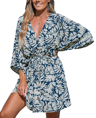 Cupshe Women's Tropical V-Neck Flared Sleeve Mini Beach Dress
