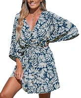 Cupshe Women's Tropical V-Neck Flared Sleeve Mini Beach Dress