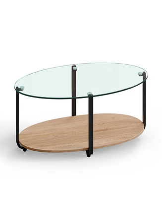 Slickblue 2-Tier Glass-Top Oval Coffee Table with Wooden Shelf for Living Room