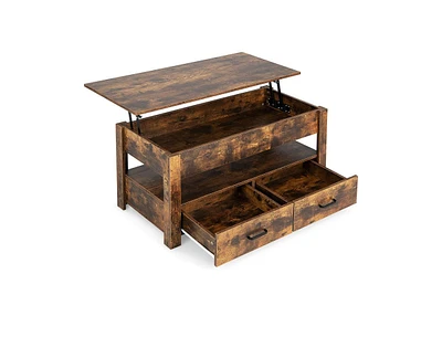 Slickblue Lift Top Coffee Table with 2 Storage Drawers and Hidden Compartment-Rustic Brown