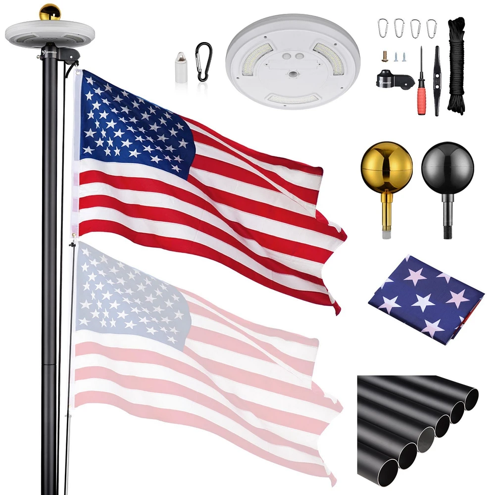 Yescom 20 Ft Sectional Aluminum Flag Pole Kit with 111 Led Solar Light Us Flag Outdoor