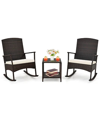 Slickblue 3 Piece Patio Rocking Set Wicker Chairs with 2-Tier Coffee Table