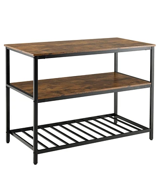 Slickblue 3 Shelves Kitchen Island Industrial Prep Table with Bottom Wine Rack-Rustic Brown