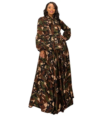 L I V D Plus Camo Bella Donna Dress with Ribbon and Puffed Out Sleeves