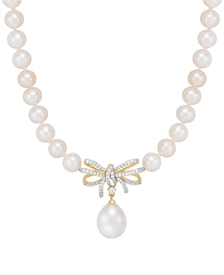 Honora Cultured Freshwater Pearl (5 & 8-1/2mm) & Diamond (1/5 ct. t.w.) Ribbon 17" Collar Necklace in 10k Gold