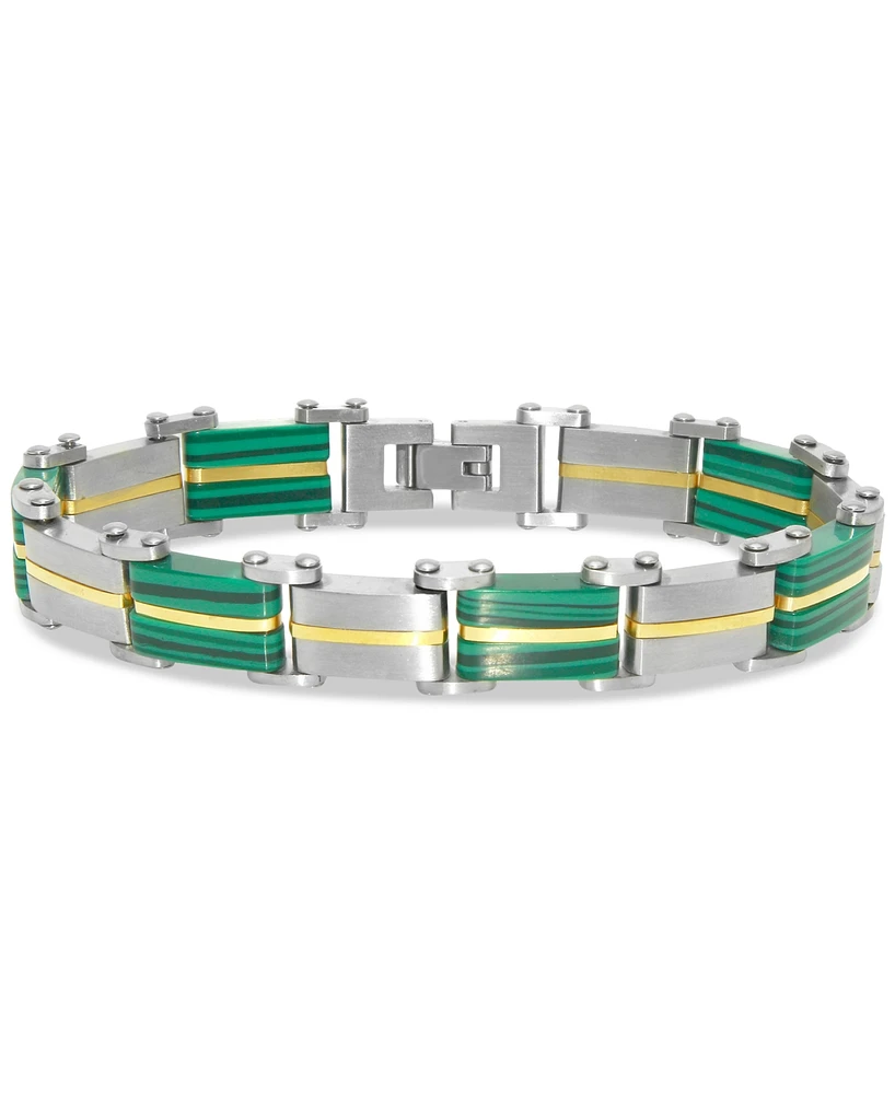 Men's Malachite Square Link Bracelet in Stainless Steel & Yellow Ion-Plate