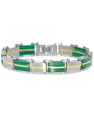 Men's Malachite Square Link Bracelet in Stainless Steel & Yellow Ion-Plate