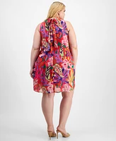 Robbie Bee Plus Tropical-Print Mock Neck Swing Dress