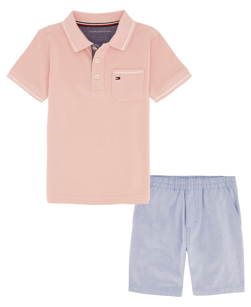 Tommy Hilfiger Toddler Boys Pink Pique Polo Shirt Prewashed Oxford Shorts