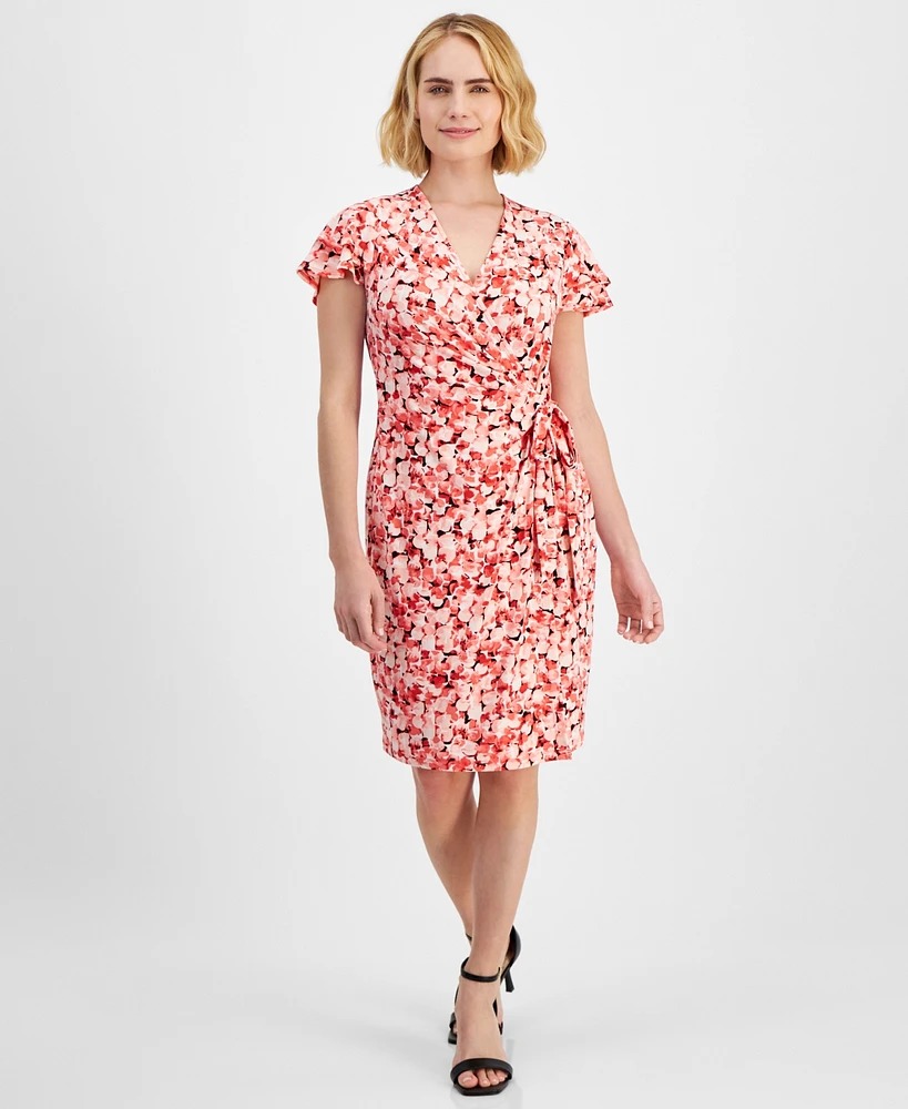 Anne Klein Petite Printed Flutter-Sleeve Faux-Wrap Dress