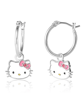 Hello Kitty Sanrio Silver Plated Pink Crystal Charm Hoop Earrings