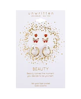 Unwritten Multi Pink Cubic Zirconia and Enamel Heart Butterfly Stud and Hoop Earring Set