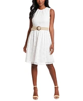 London Times Women's Crochet Belted Sleeveless Dress