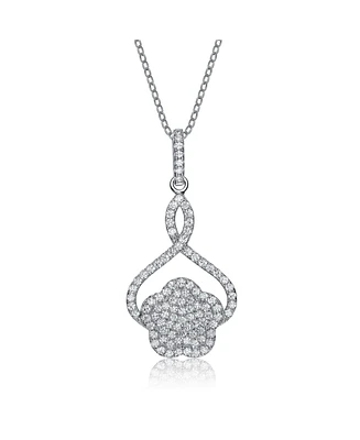 Genevive Sterling Silver White Gold Plated with Cubic Zirconia Flower Shape Drop Pendant