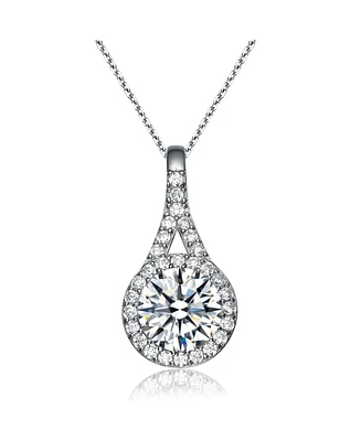 Genevive Sterling Silver with Haloed Clear Round Cubic Zirconia Solitaire with a Split Bail Necklace