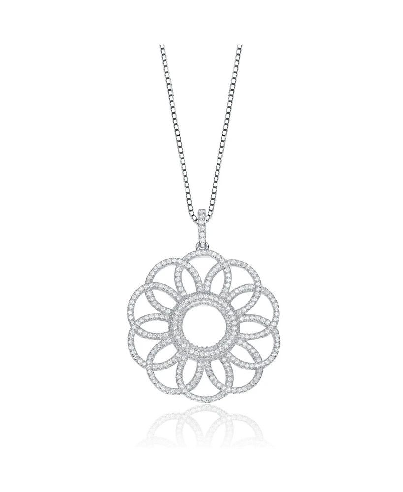 Genevive Sterling Silver White Gold Plated with Clear Cubic Zirconia Flower Pendant