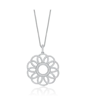 Genevive Sterling Silver White Gold Plated with Clear Cubic Zirconia Flower Pendant