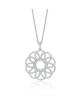 Genevive Sterling Silver White Gold Plated with Clear Cubic Zirconia Flower Pendant