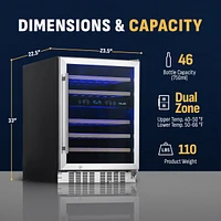 Newair 24 inch 46 Bottle Wine Cooler Refrigerator, Built-in Recessed Kickplate, Dual Zone Wine Fridge in Stainless Steel