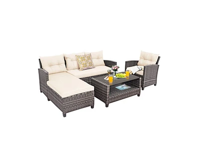 Slickblue 4 Pieces Patio Rattan Furniture Set with Cushion and Table Shelf
