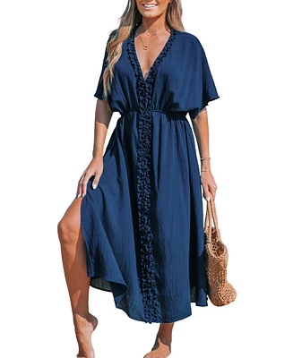 Cupshe Women's Navy Dolman Sleeve Micro-Ruffle Midi Beach Dress