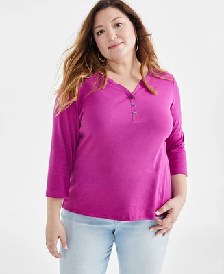 Style & Co Plus 3/4-Sleeve Cotton Henley Top, Created for Macy's