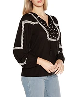 Belldini Black Label Embroidered Blouson Tie Neck Top