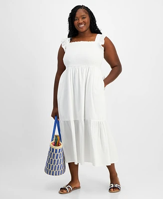On 34th Plus Woven Solid Smocked Ruffled Midi Dress, Created for Macy's