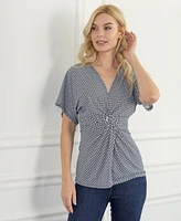 24seven Comfort Apparel V Neck Geometric Print Knot Front Kimono Sleeve Top