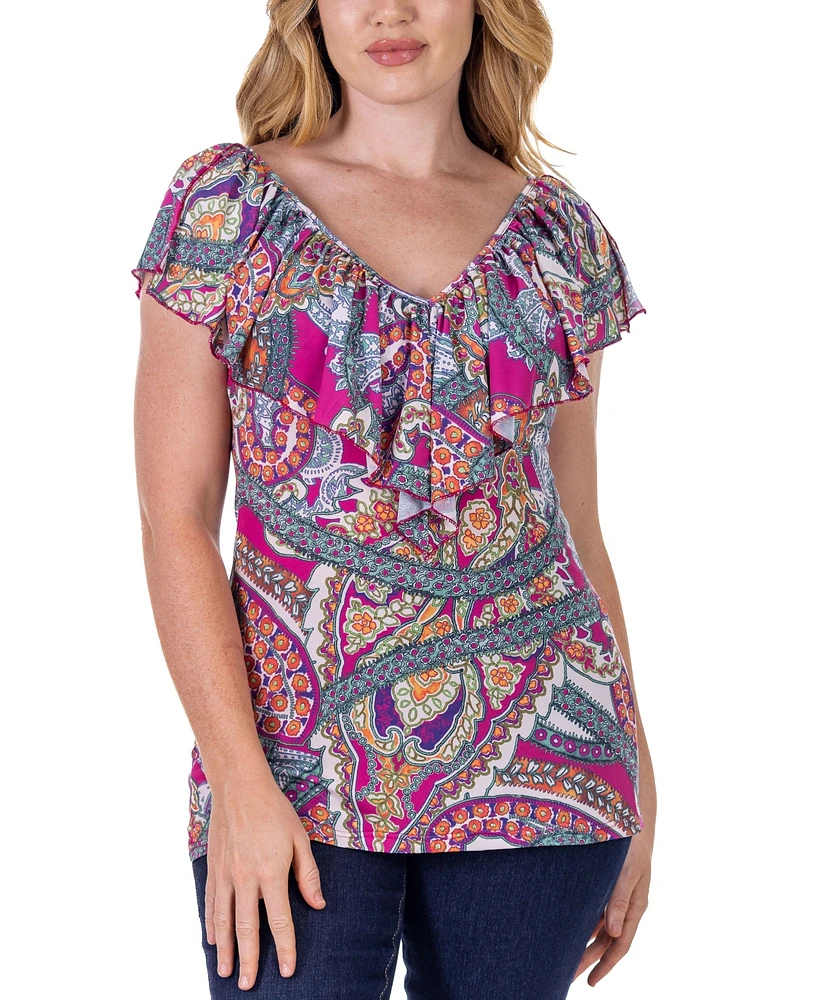 24seven Comfort Apparel Cap Sleeve Print Ruffle V Neck Top