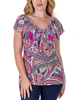 24seven Comfort Apparel Cap Sleeve Print Ruffle V Neck Top