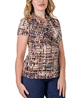 24seven Comfort Apparel Print Short Sleeve V Neck Wrap Top