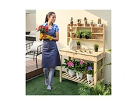 Slickblue Large Garden Potting Bench Table with Display Rack and Hidden Sink-Natural