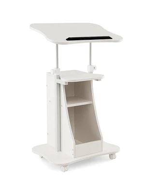 Slickblue Mobile Podium Stand Height Adjustable Laptop Cart with Tilting Tabletop and Storage Compartments-White