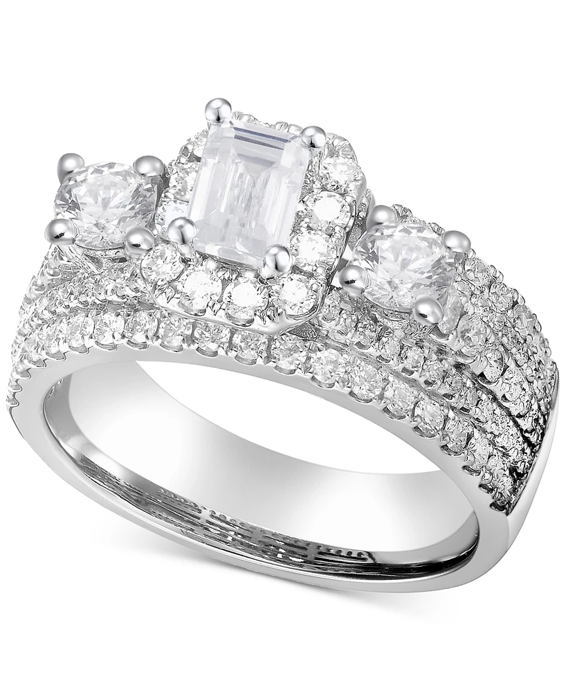 Diamond Emerald-Cut Multi-Row Three Stone Ring (2 ct. t.w.) in 14k White Gold