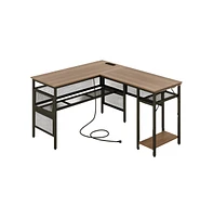 Slickblue L-Shaped Computer Desk with Charging Station and Adjustable Shelf-Grey