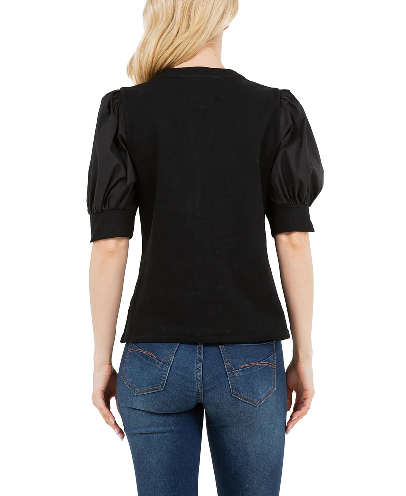 Fever Ribbed Knit Henley With Woven Puff Sleeve