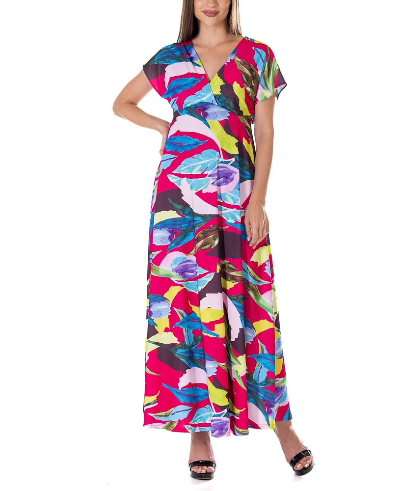 24seven Comfort Apparel Print V Neck Empire Waist Kimono Cap Sleeve Maxi Dress