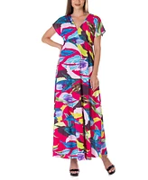 24seven Comfort Apparel Print V Neck Empire Waist Kimono Cap Sleeve Maxi Dress