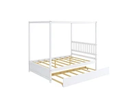Slickblue Canopy Bed with Trundle Wooden Platform Bed Frame Headboard