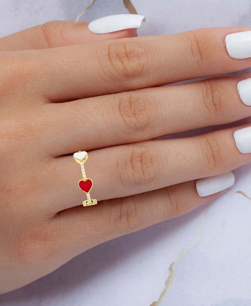 Cubic Zirconia & Red White Enamel Polished Heart Ring 14k Gold-Plated Sterling Silver