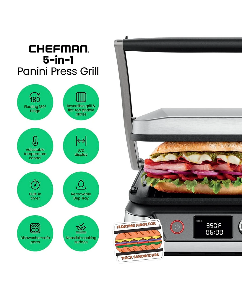 Chefman 5 in 1 Panini Press Grill w/ Reversable Non-Stick Plates, Opens Flat
