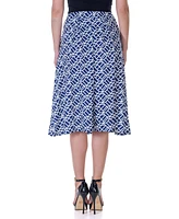 24seven Comfort Apparel Navy Print Elastic Waist Pleated Knee Length Pocket Skirt