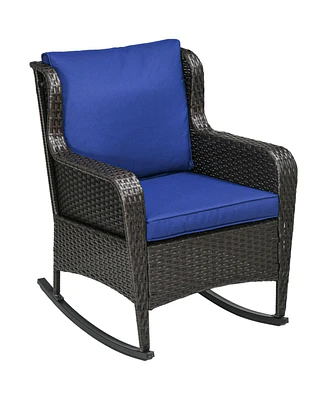 Outsunny 2 PCs Outdoor Pe Rattan Rocking Chairs, Wicker Porch Rockers w/ Cushions, Blue