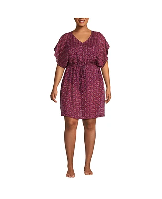 Lands' End Plus Sheer Over d Short Sleeve Gathered Waist Swim Cover-up Dress