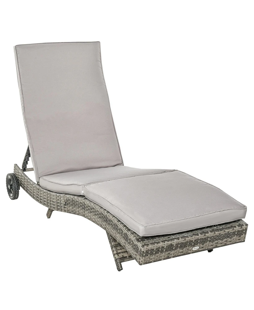 Outsunny Outdoor Reclining Lounge Chair, Pe Wicker, Rolling Wheels, Patio, Grey