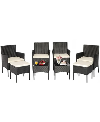Sugift 8 Pieces Patio Wicker Conversation Set with 2 Coffee Tables and 2 Ottomans